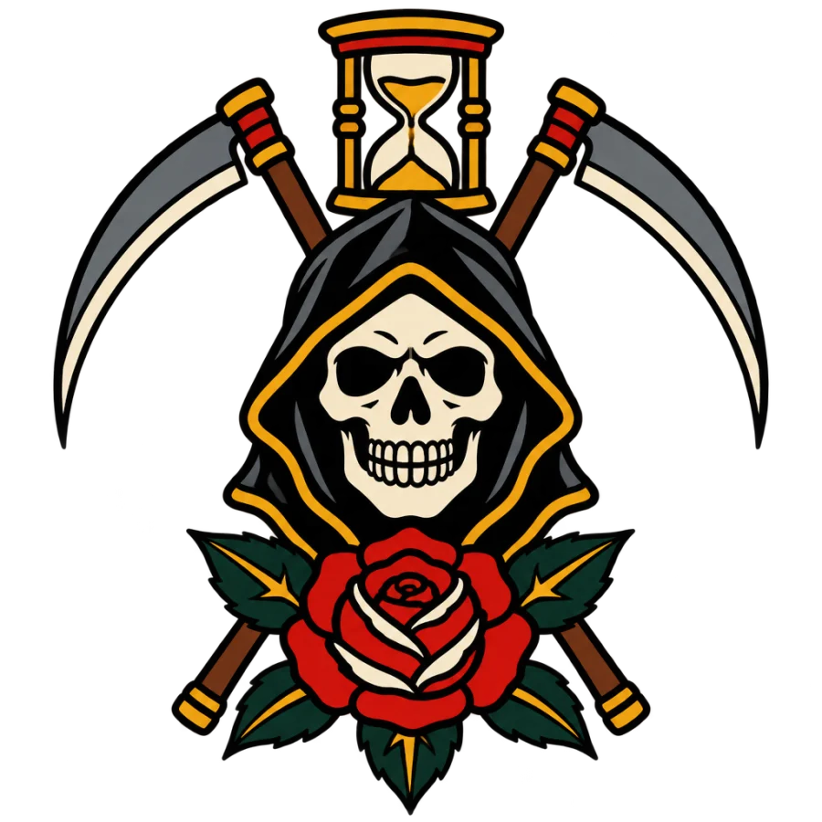 American traditional reaper skull tattoo with crossed scythes and rose