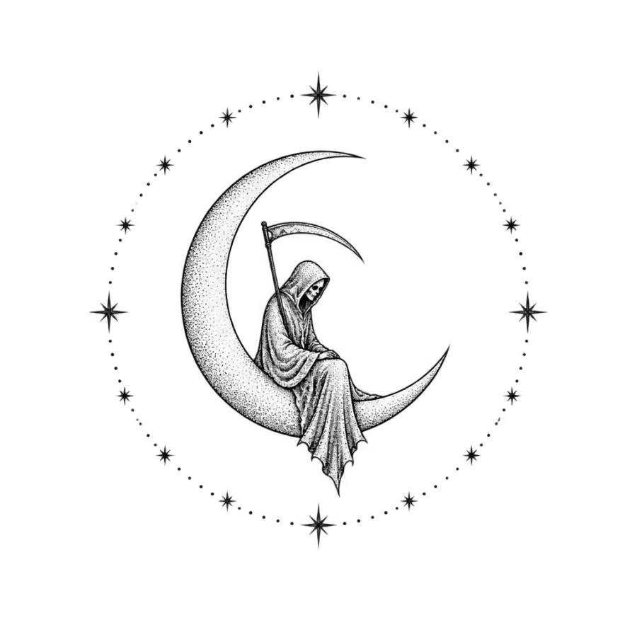 Fine line reaper tattoo seated on a crescent moon in star medallion