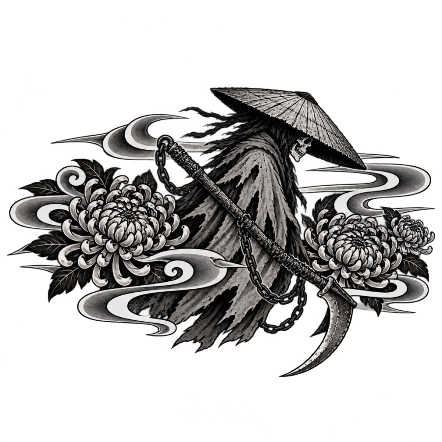 Japanese irezumi shinigami tattoo with chained sickle and chrysanthemum blossoms