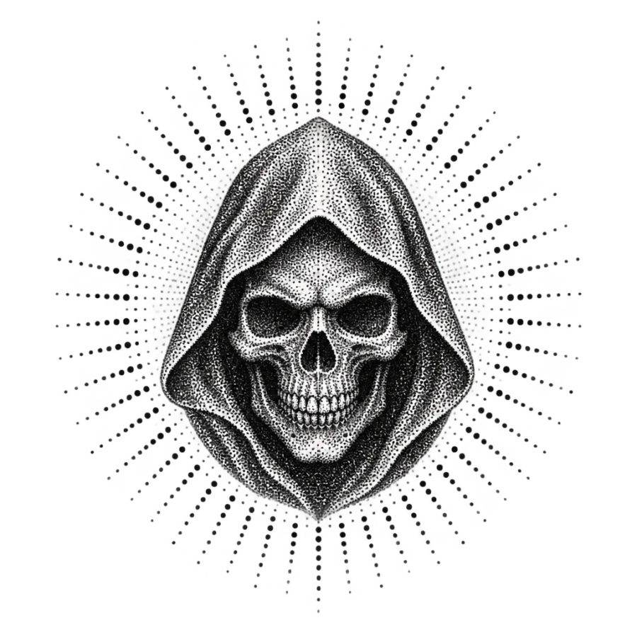 Dotwork reaper skull tattoo centered in a radiating stippled sunburst