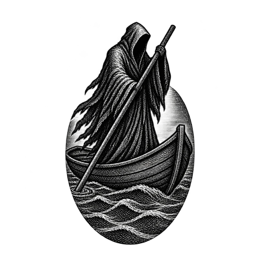 Woodcut engraving tattoo of a reaper ferryman crossing a hatched river