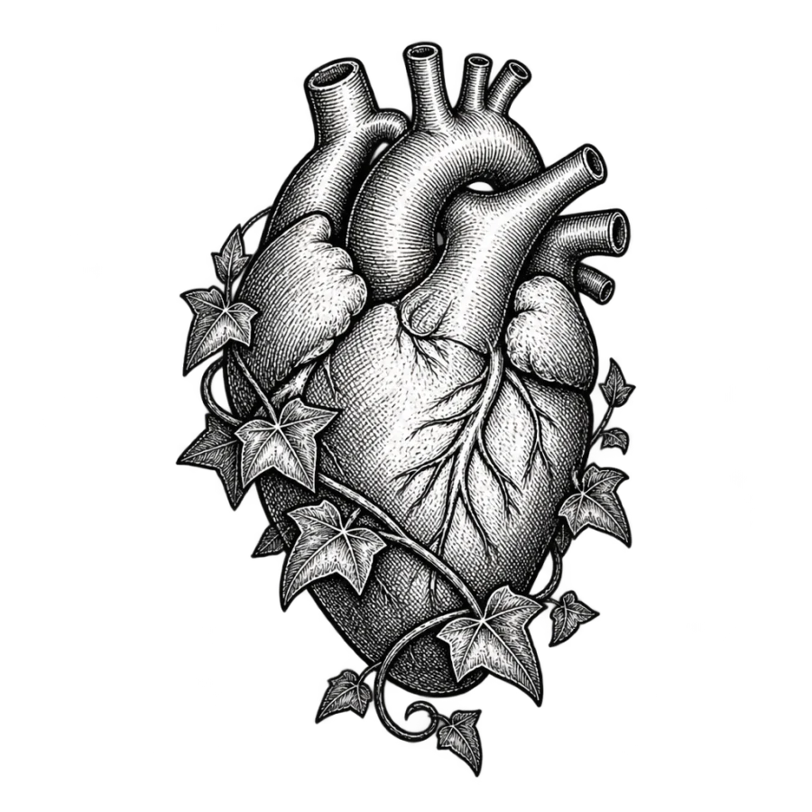 Engraved anatomical heart tattoo design with ivy winding around the base