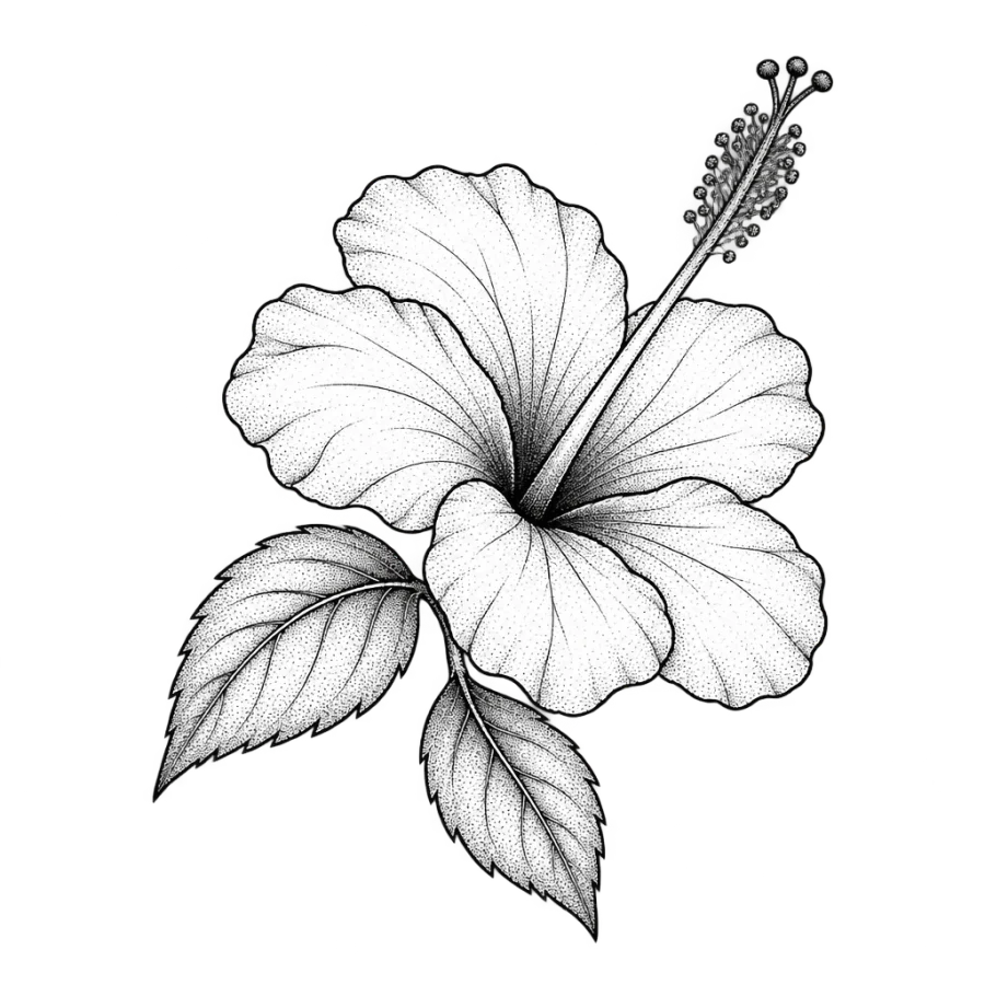 Fine line hibiscus tattoo design with a long curving stamen and leaves