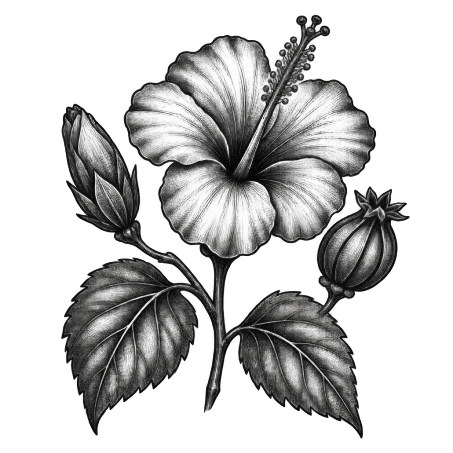 Woodcut engraving hibiscus tattoo design as a botanical plate with seed pod