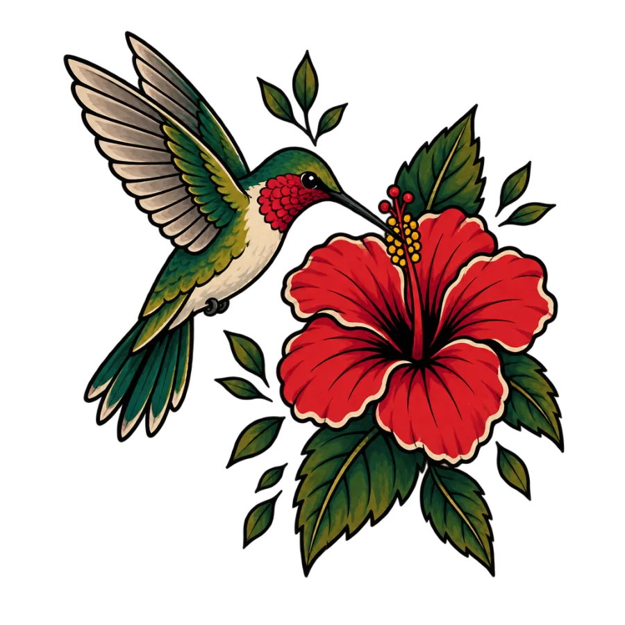 Neo traditional tattoo design of a hummingbird hovering at a hibiscus bloom