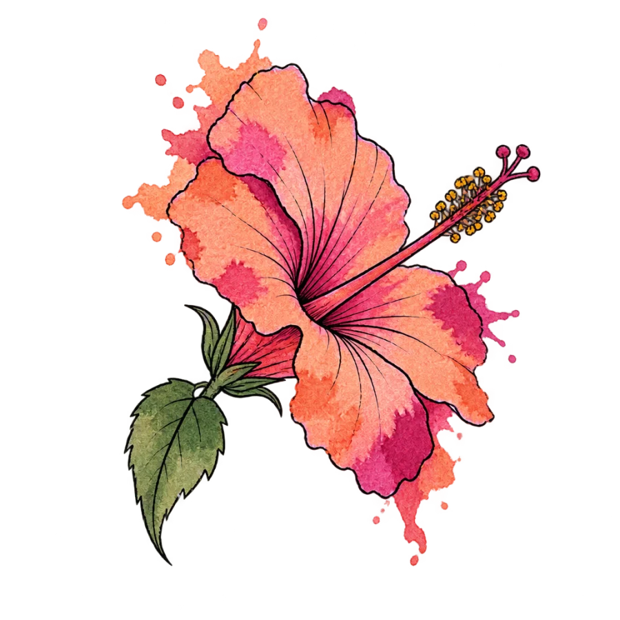 Watercolour hibiscus tattoo design with coral and magenta washes past the petals