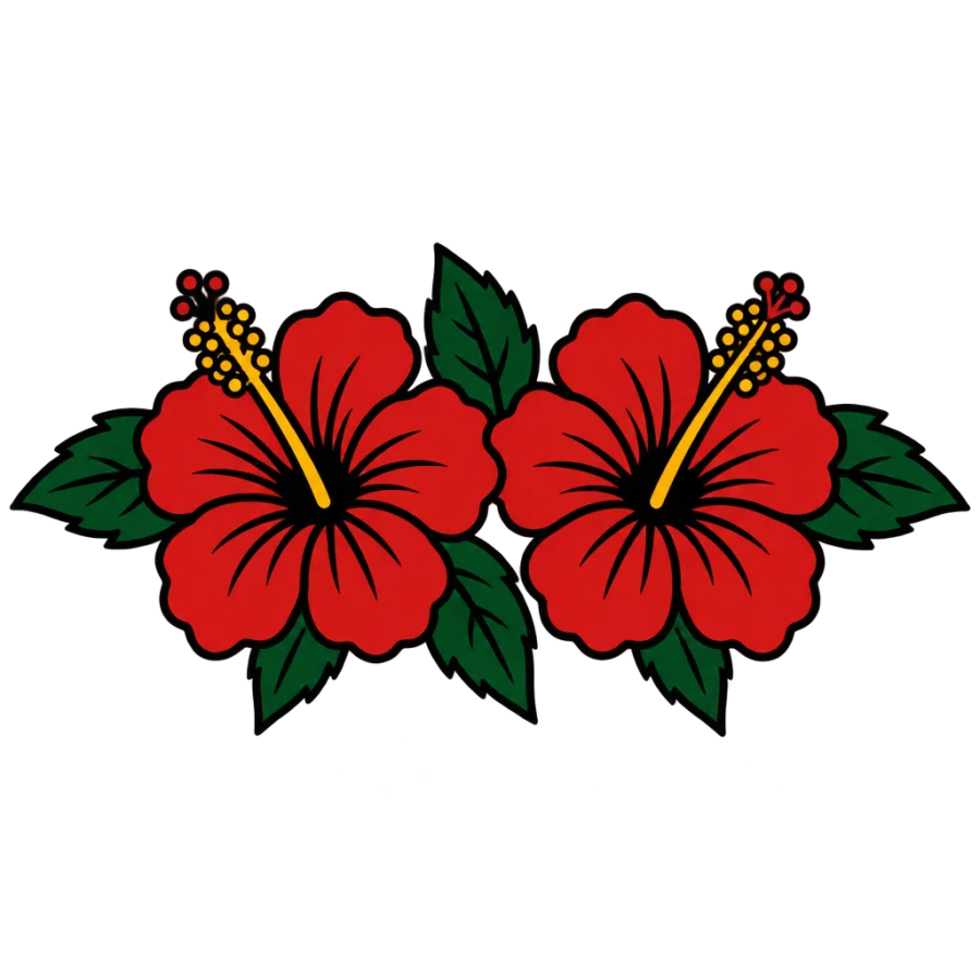 American traditional hibiscus tattoo design with two bold blooms in colour