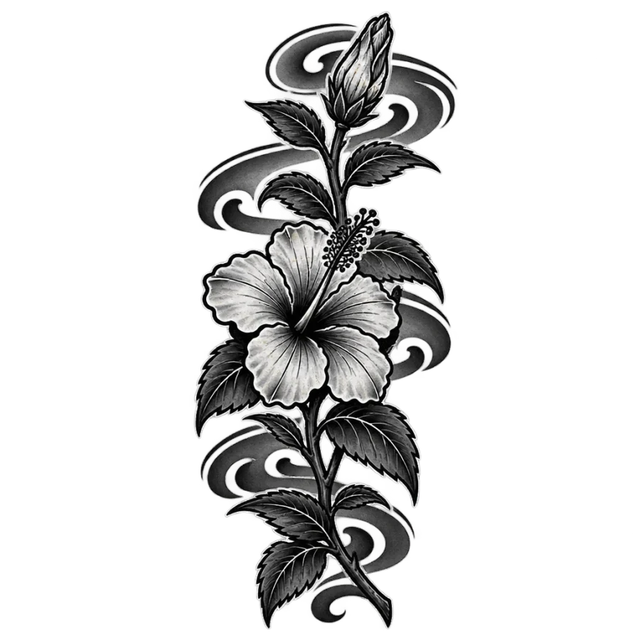 Japanese irezumi hibiscus tattoo design with an open bloom and rising bud