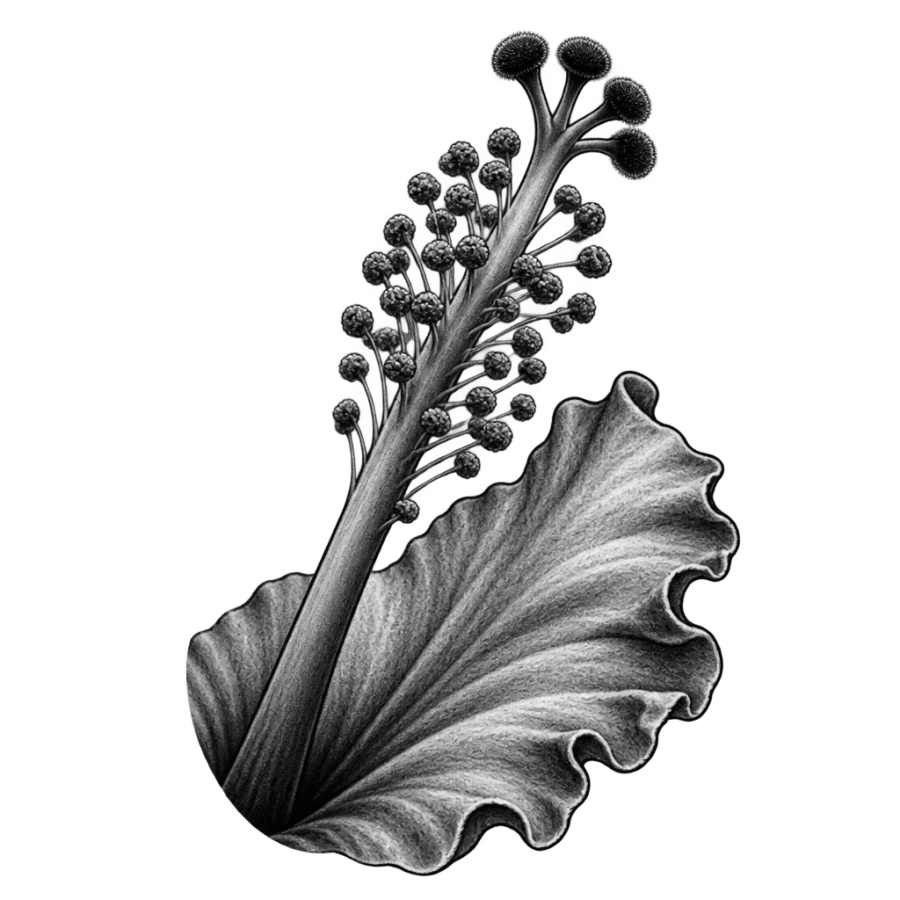 Black and grey realism tattoo design of a hibiscus stamen and petal edge