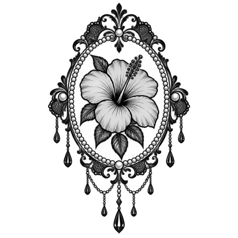 Ornamental filigree hibiscus tattoo design framed by lace scrollwork and pearls