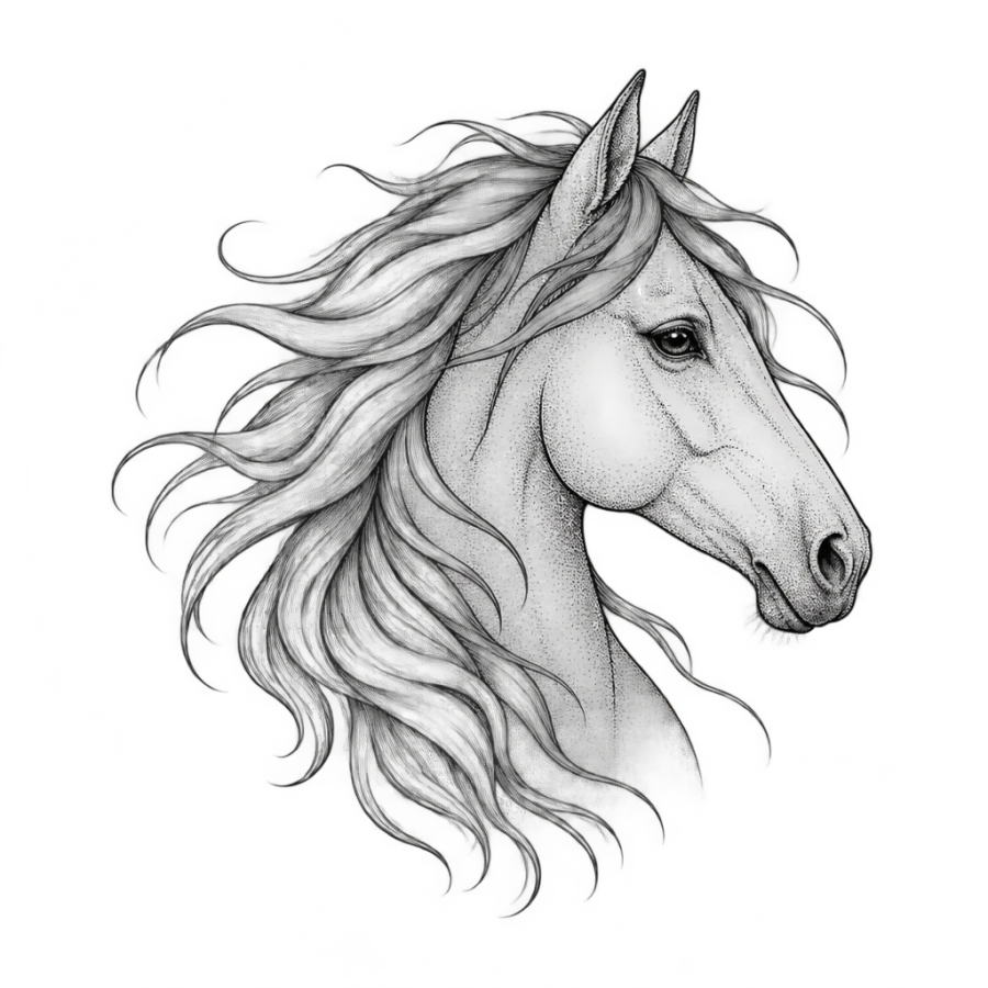 Fine line tattoo of a horse head in profile with a flowing mane