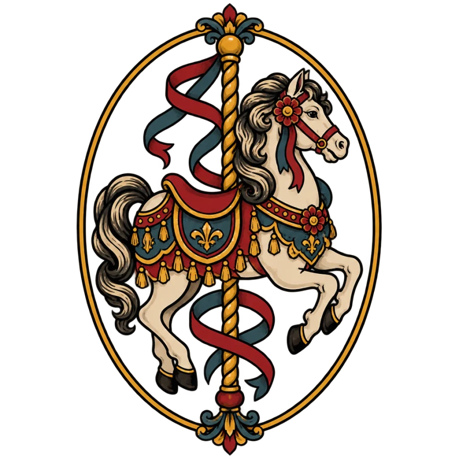 Neo traditional tattoo of a carousel horse with ribbons and rosette