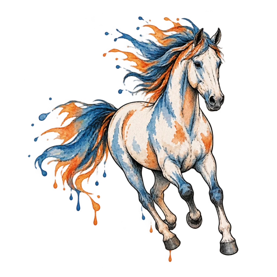 Watercolor tattoo of a galloping horse with loose streaming washes