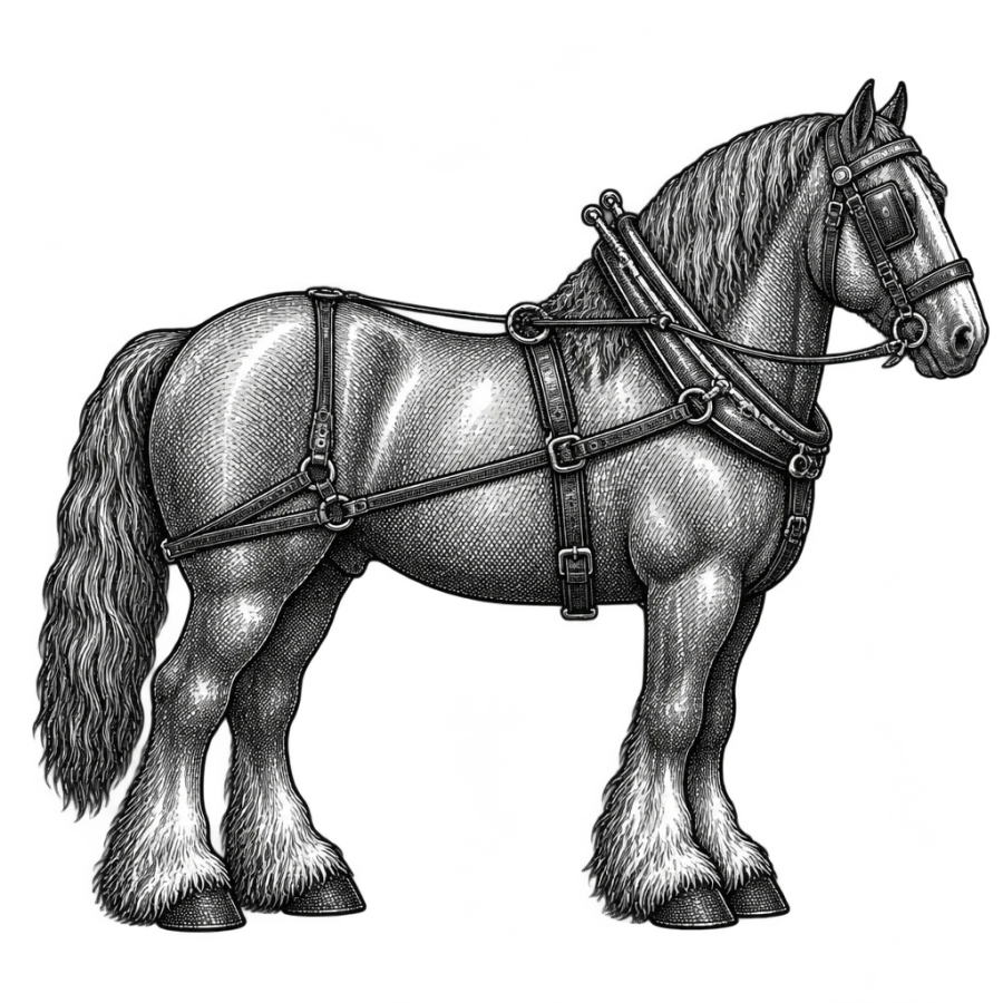 Engraving style tattoo of a draft horse in a working harness