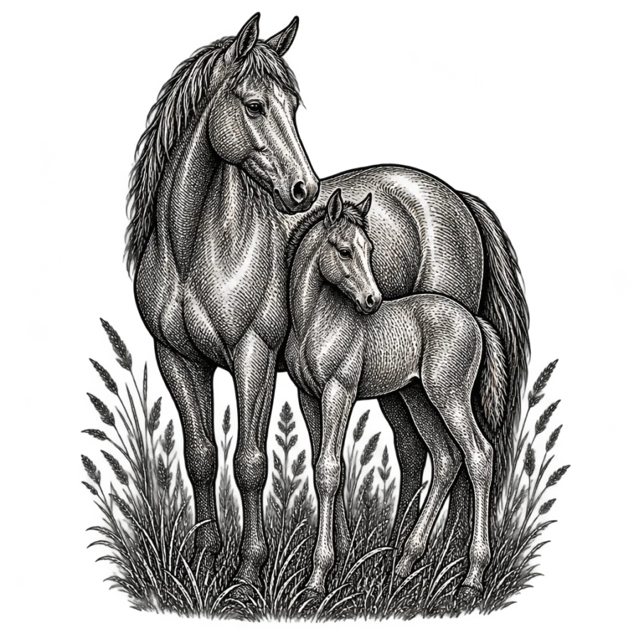 Engraved mare and foal horse tattoo standing in tall meadow grass