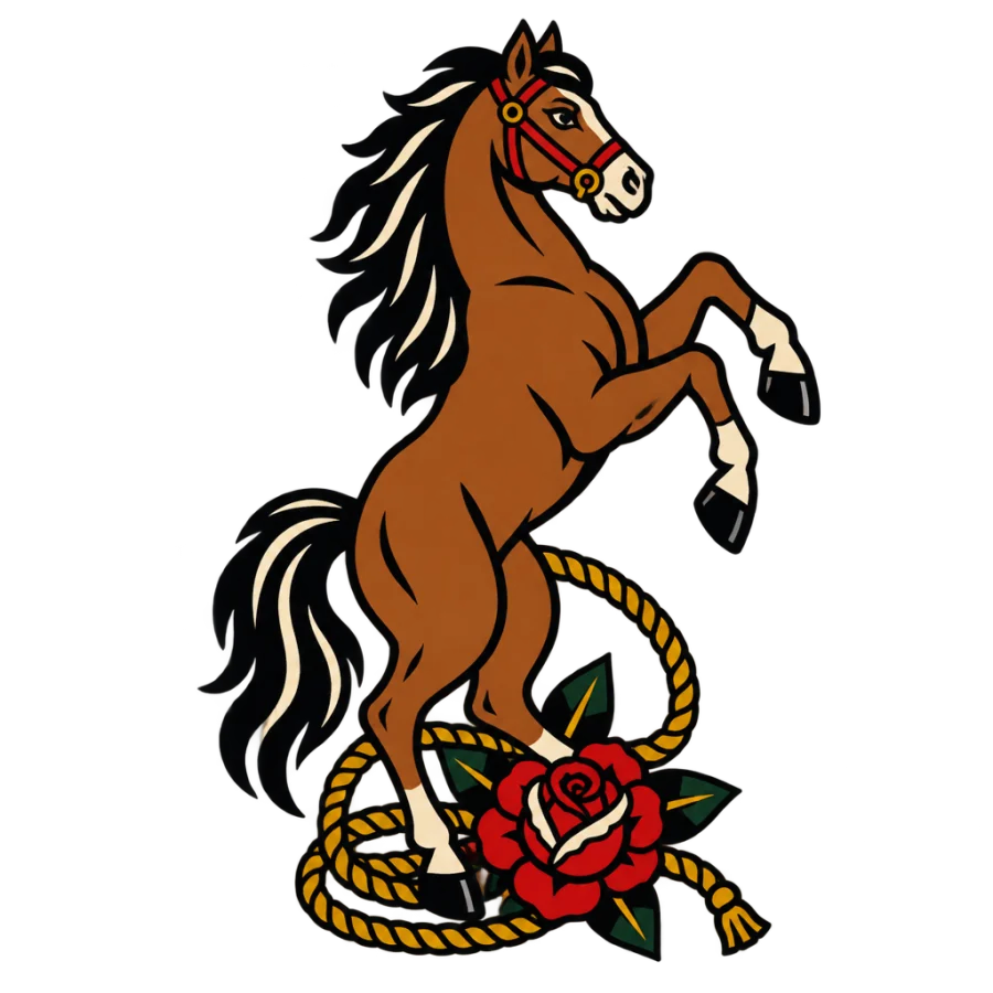 American traditional tattoo of a rearing horse with rope and rose