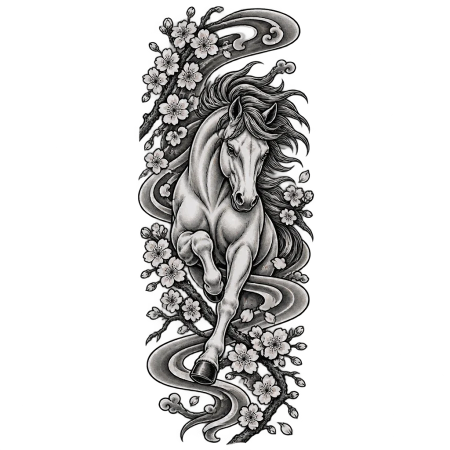 Japanese irezumi tattoo of a charging horse with cherry blossoms