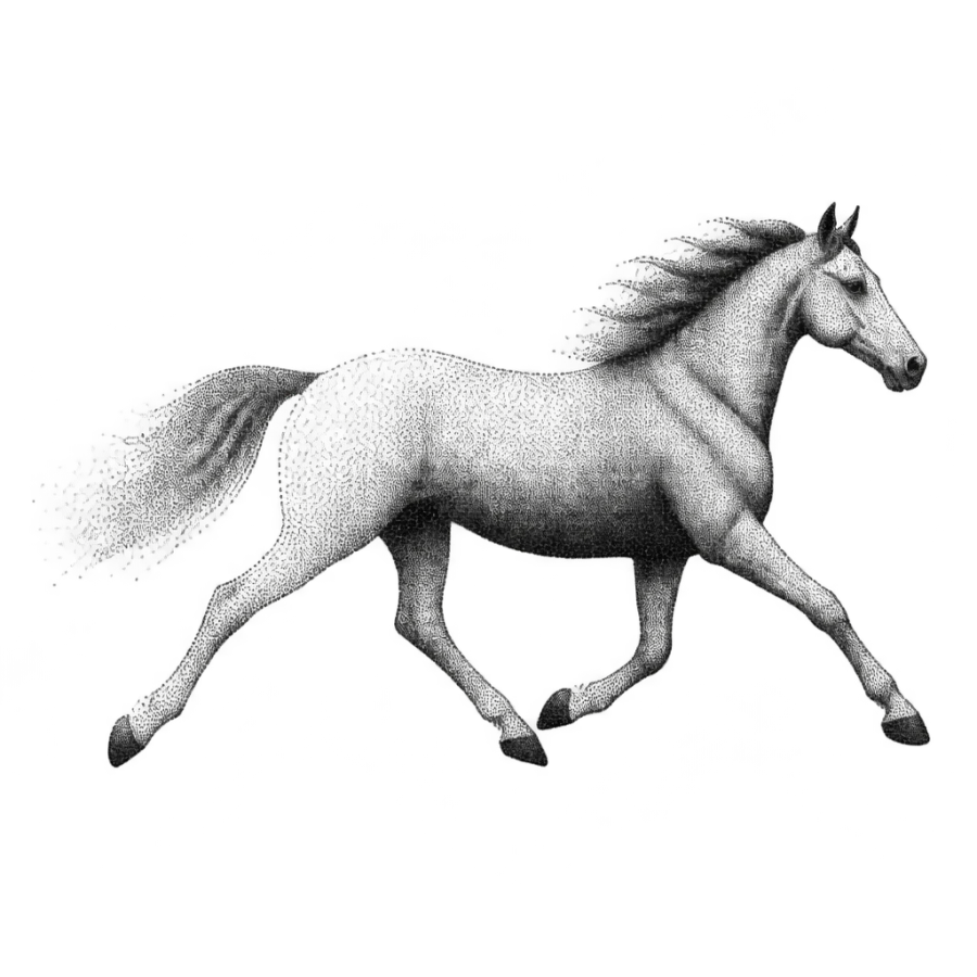 Dotwork stippled tattoo of a horse trotting in a wide band
