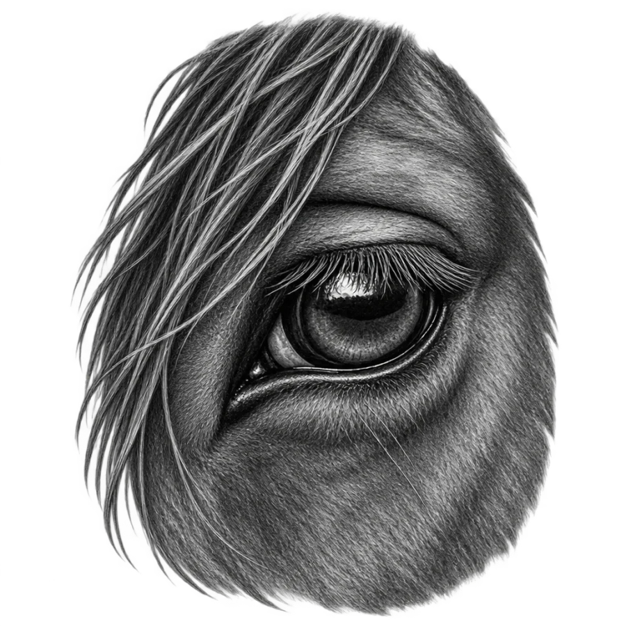 Black and grey realism tattoo close up of a horse eye and forelock