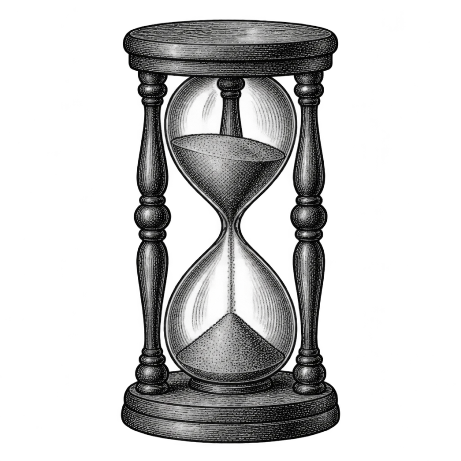 Engraved woodcut hourglass tattoo design with sand streaming through the glass