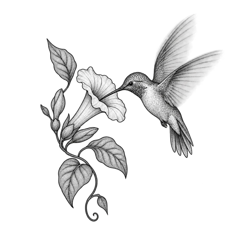 Fine line tattoo design of a hummingbird feeding at a trumpet flower