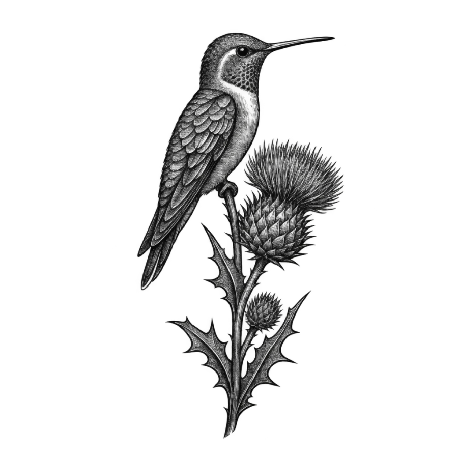 Woodcut style tattoo design of a hummingbird perched on a thistle