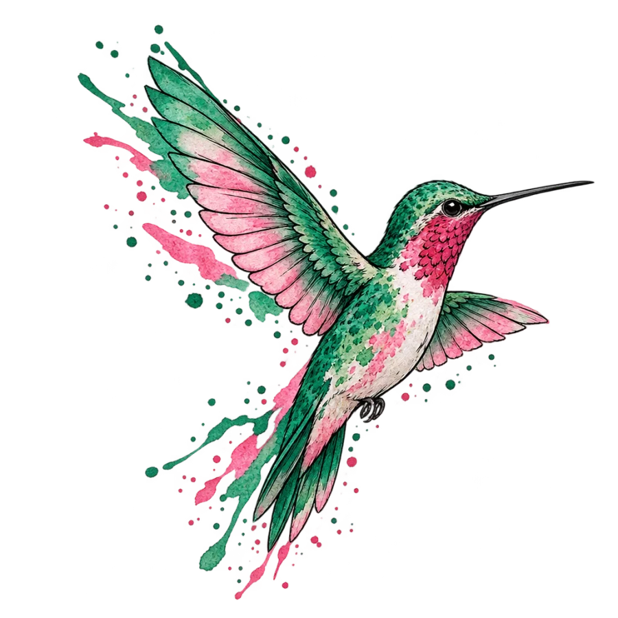 Watercolour tattoo design of a hummingbird with emerald and rose washes