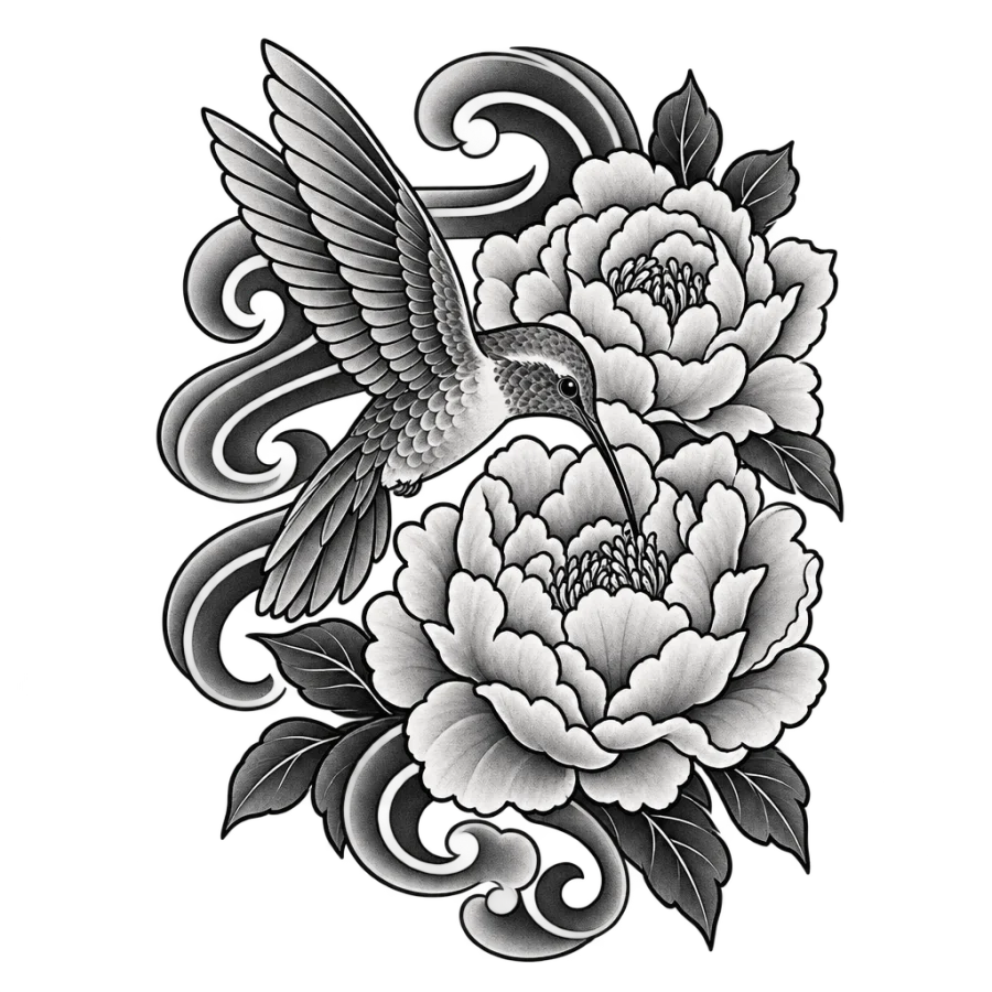 Japanese irezumi tattoo design of a hummingbird among peony petals