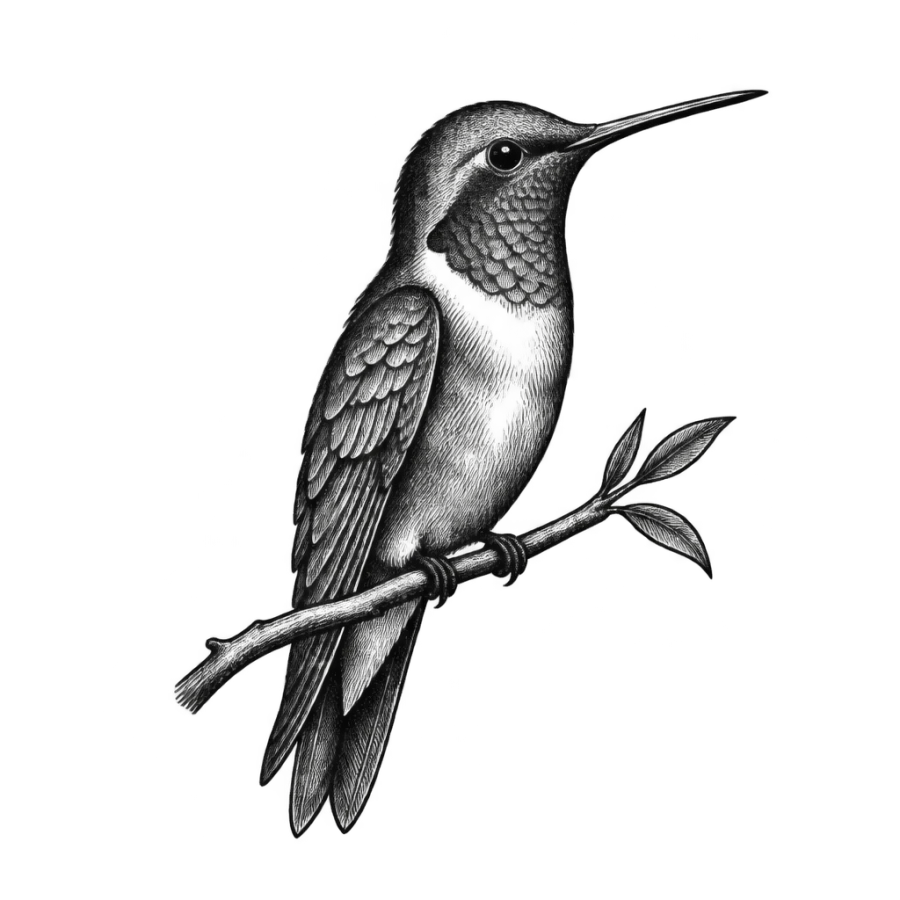 Engraved woodcut hummingbird tattoo design perched on a branch with crosshatched feathers