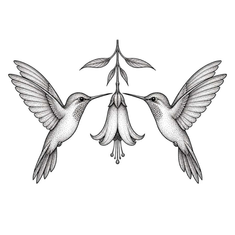 Fine line tattoo design of two mirrored hummingbirds facing a hanging bell flower