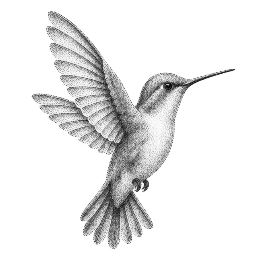 Dotwork stippled hummingbird tattoo design hovering in three quarter view
