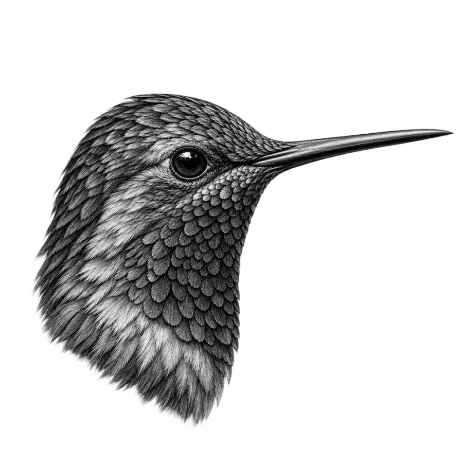 Black and grey realism tattoo design of a hummingbird head in profile