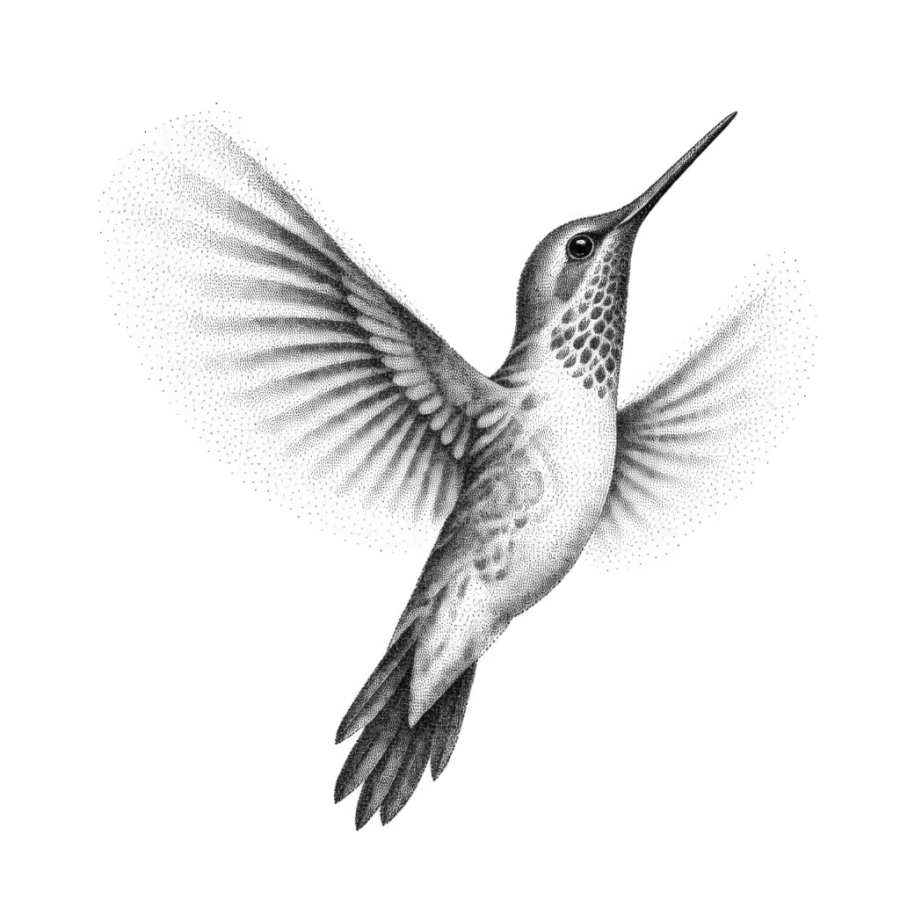 Dotwork tattoo design of a hummingbird darting upward in motion