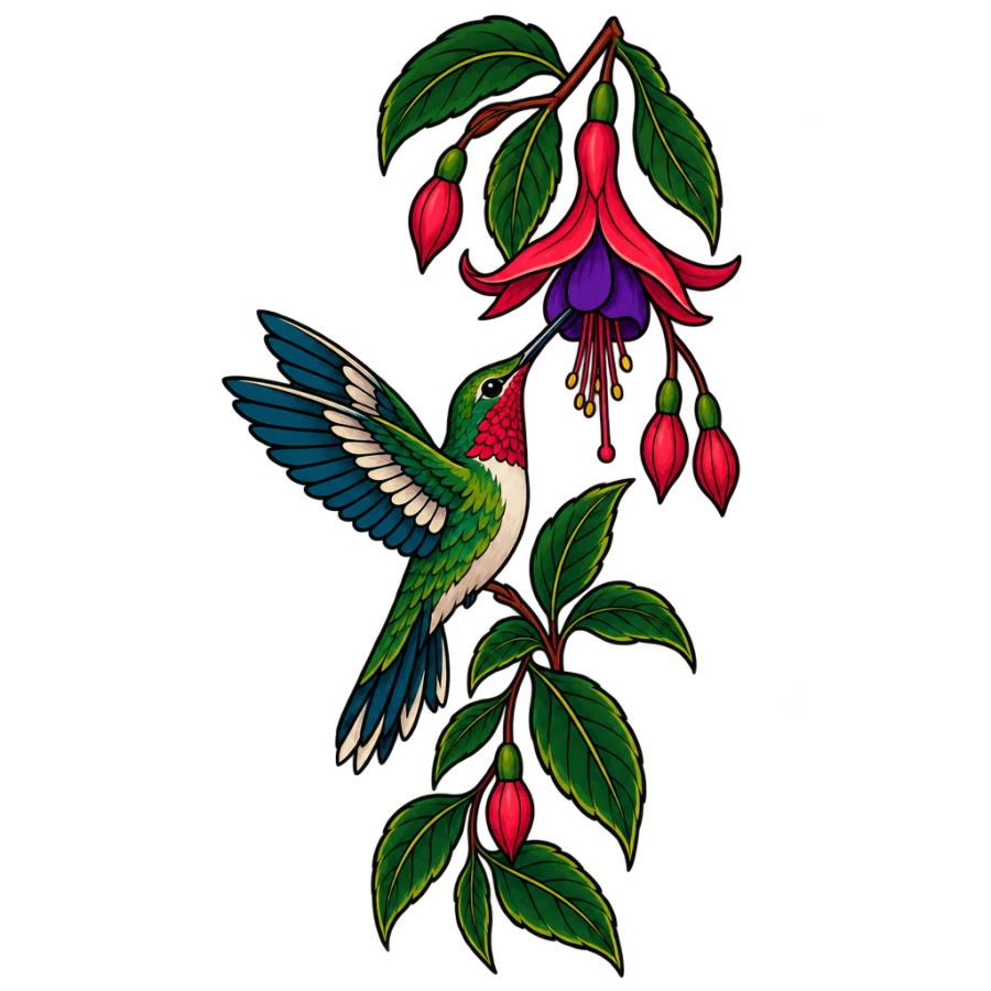 Neo traditional tattoo design of a hummingbird at a fuchsia flower