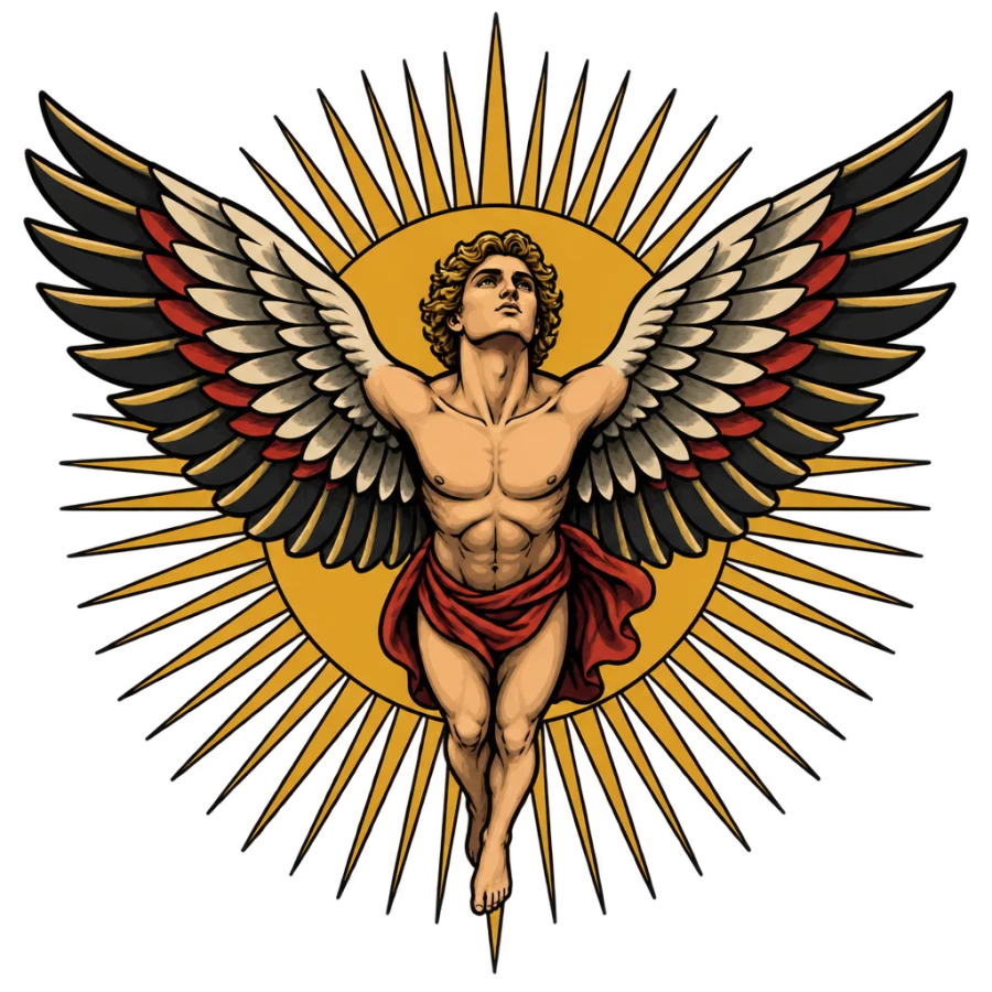 Neo traditional Icarus tattoo design flying before a radiant sun medallion