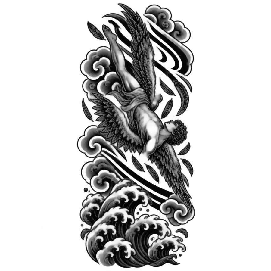 Japanese irezumi Icarus tattoo falling through wind bars above waves