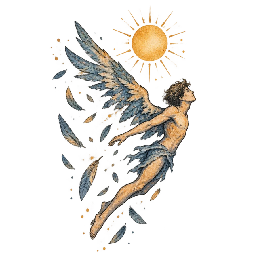 Watercolor Icarus tattoo with wings breaking into drifting loose feathers