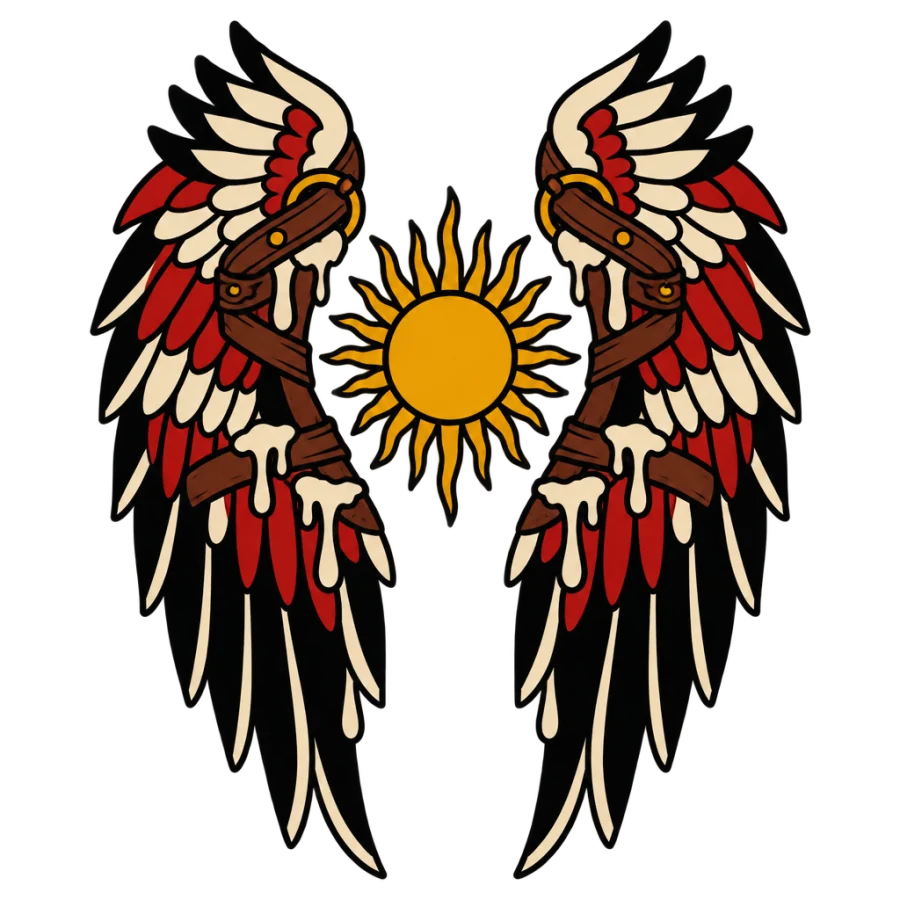 American traditional tattoo of two waxed wings flanking a bold sun disc
