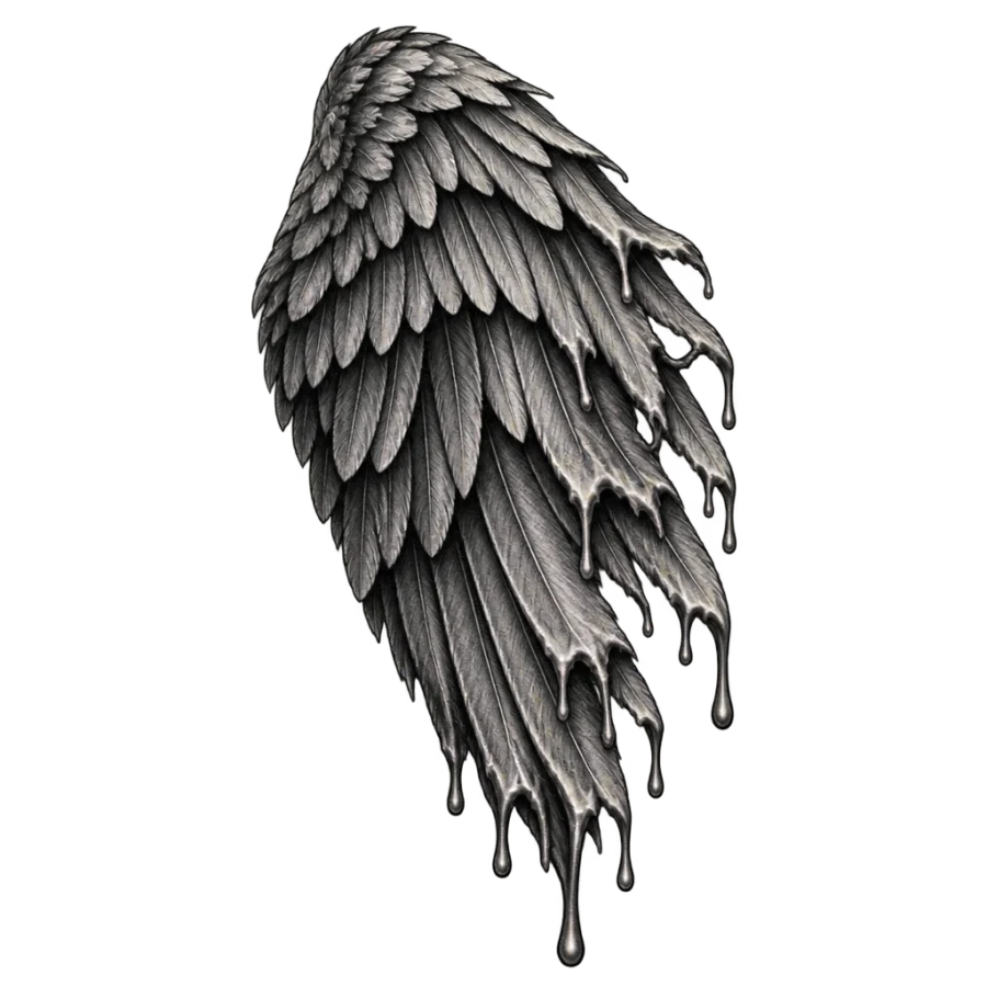 Black and grey realism tattoo of a wing shedding feathers and wax