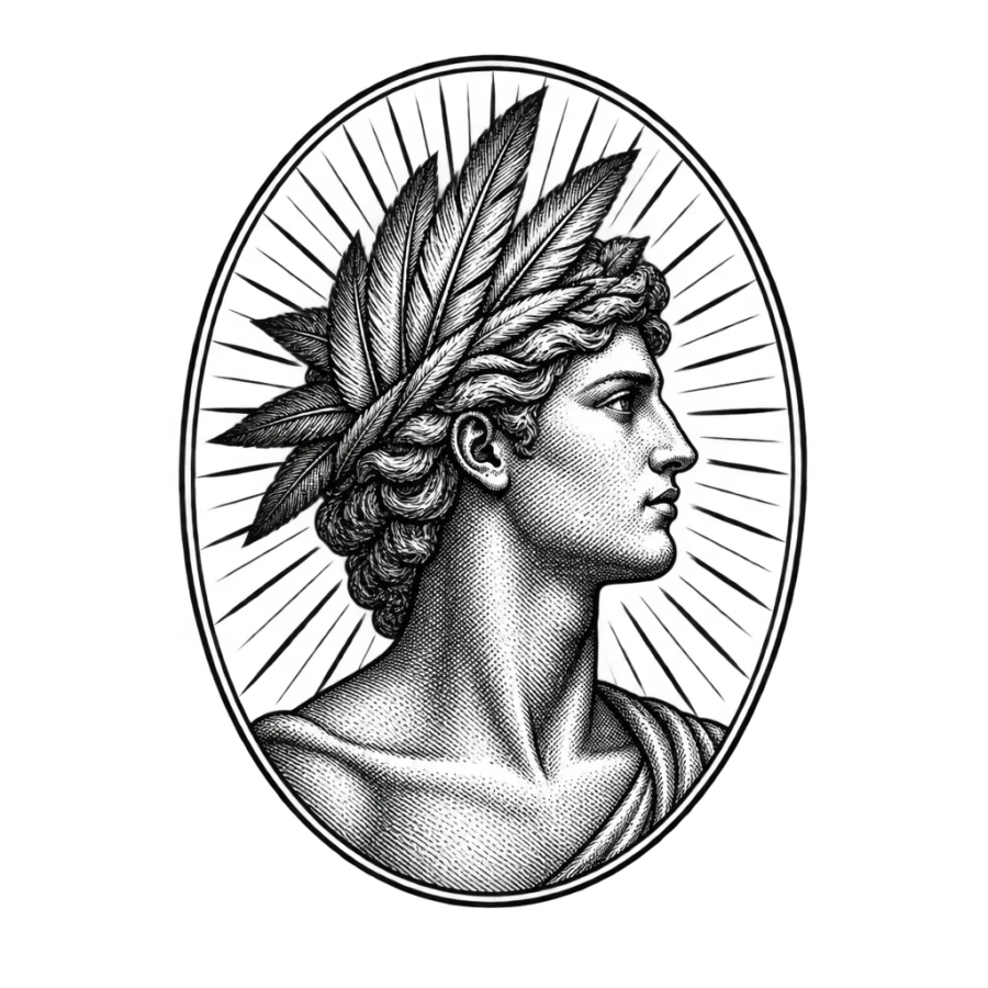 Engraved Icarus tattoo bust in profile wearing a crown of feathers