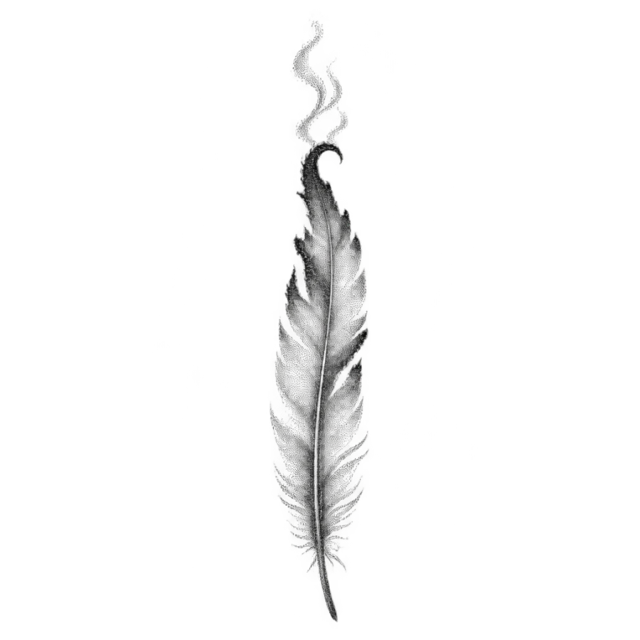 Dotwork tattoo design of a single scorched feather with curled tip