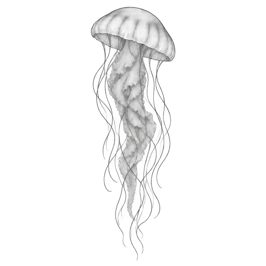 Fine line jellyfish tattoo with domed bell and long trailing tentacles