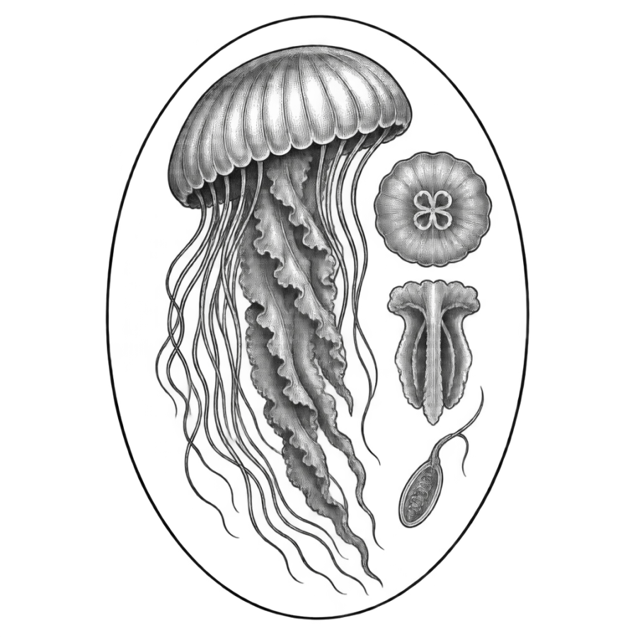 Engraved jellyfish tattoo set as an antique natural history plate