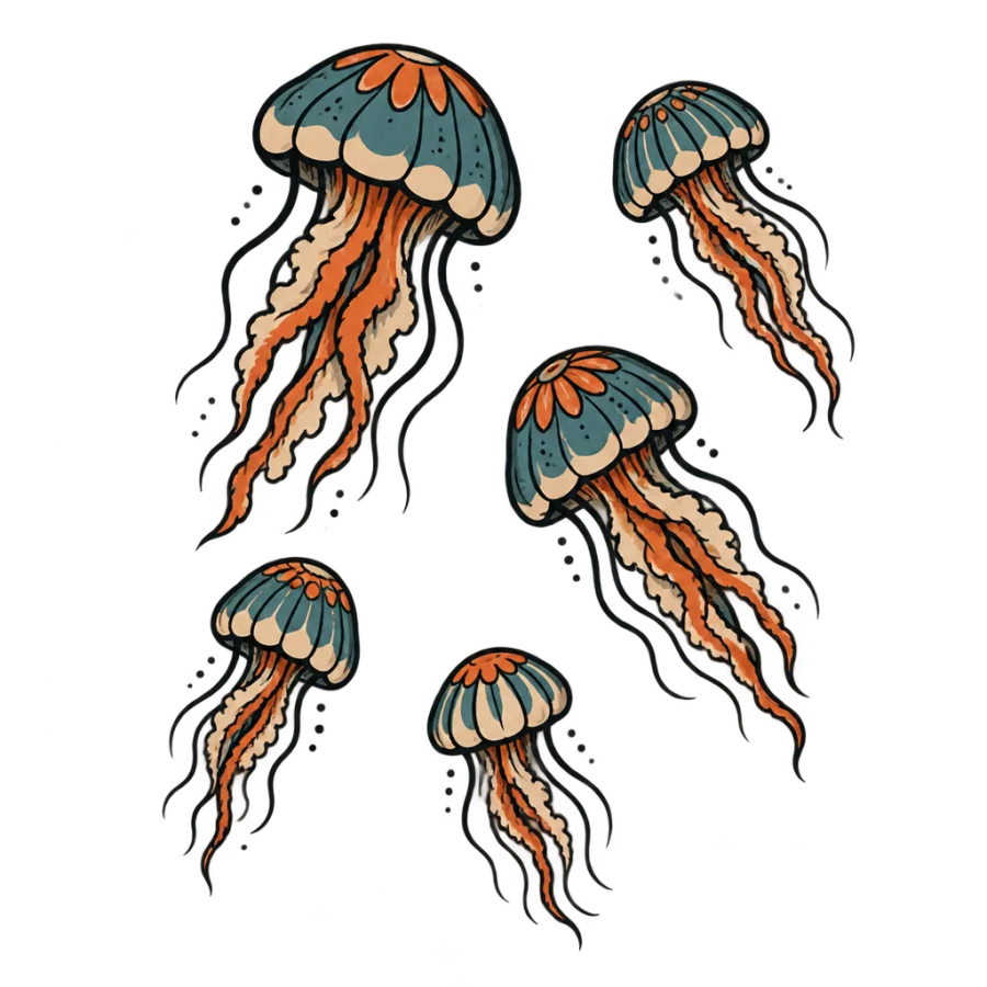Neo traditional tattoo of five small jellyfish drifting in a cluster