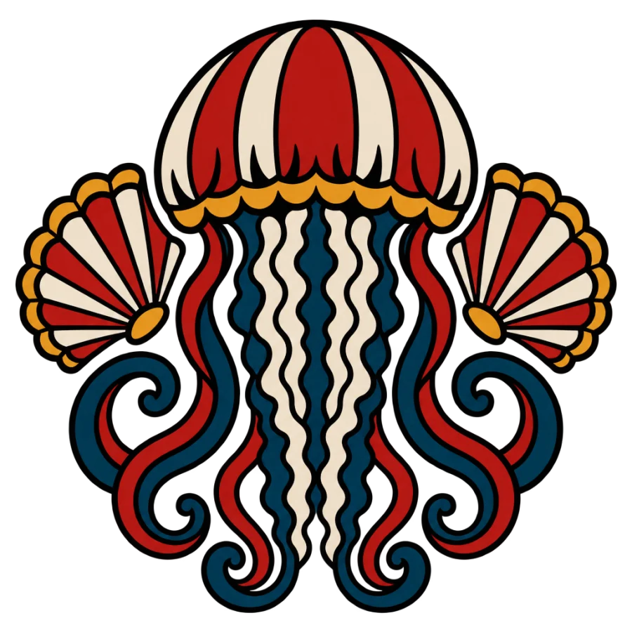 American traditional jellyfish tattoo with striped bell and scallop shells