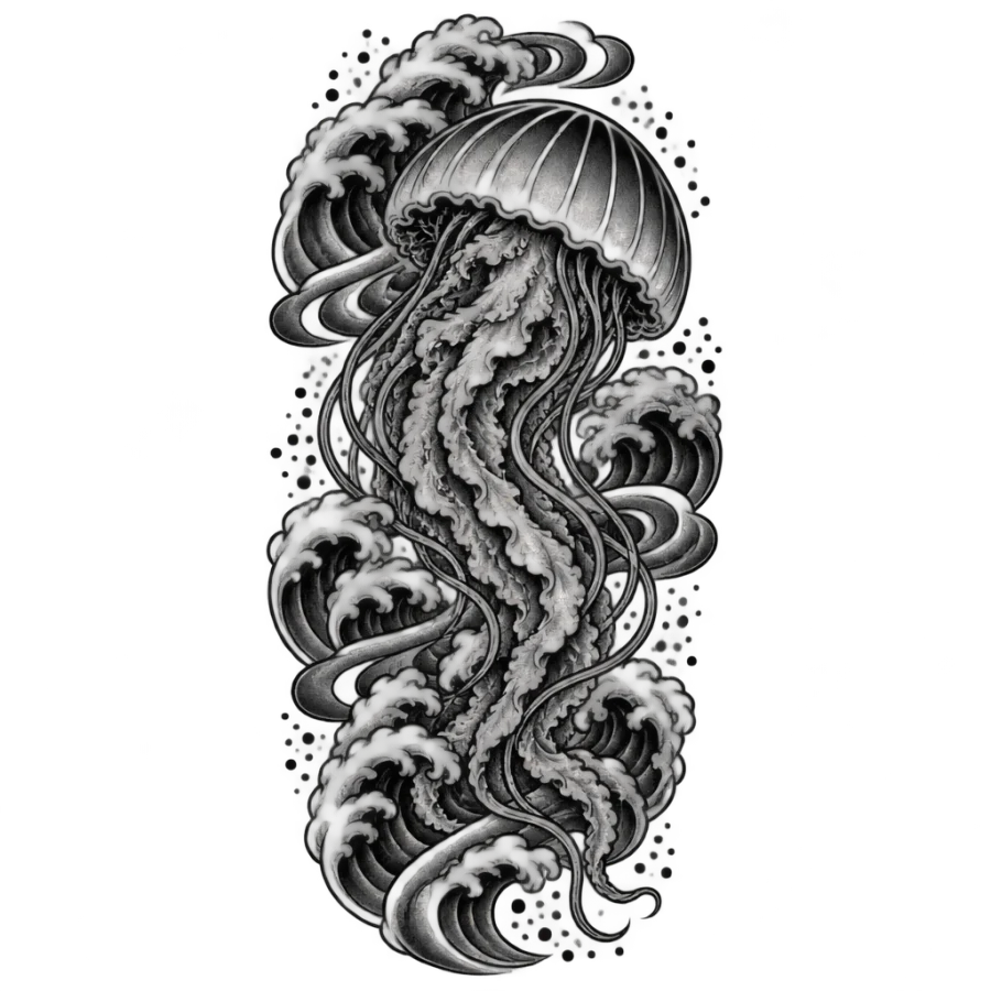 Japanese irezumi jellyfish tattoo drifting among curling waves and spray