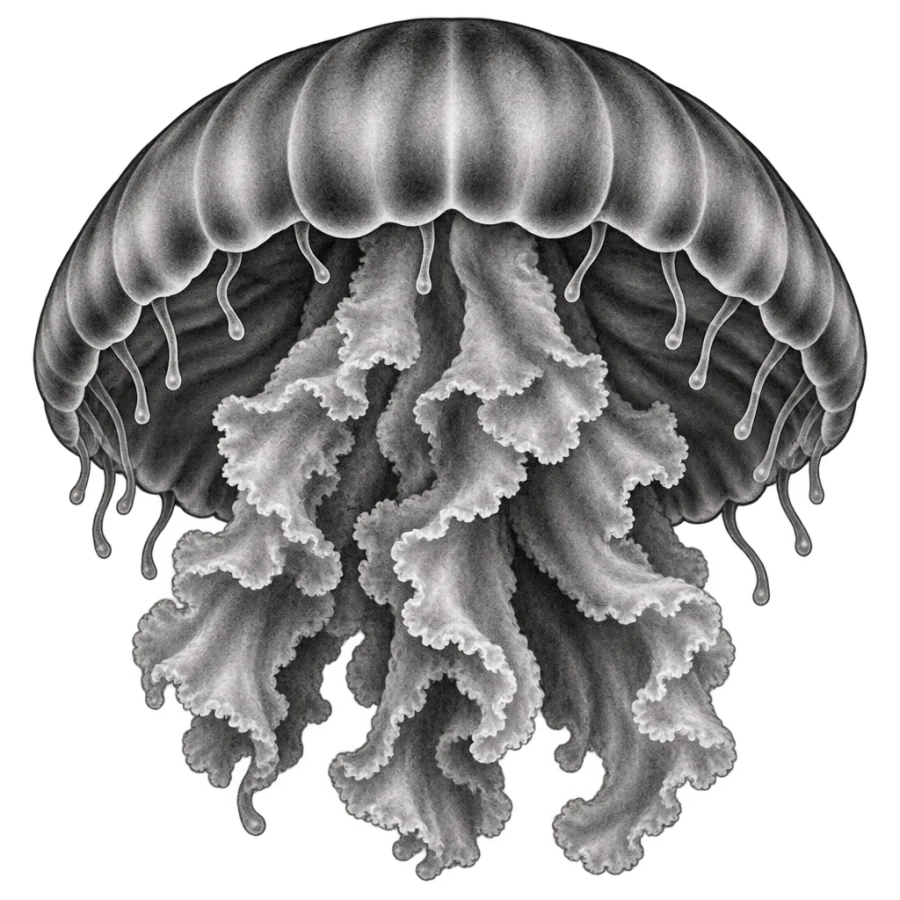 Black and grey realism tattoo of a frilled jellyfish bell underside