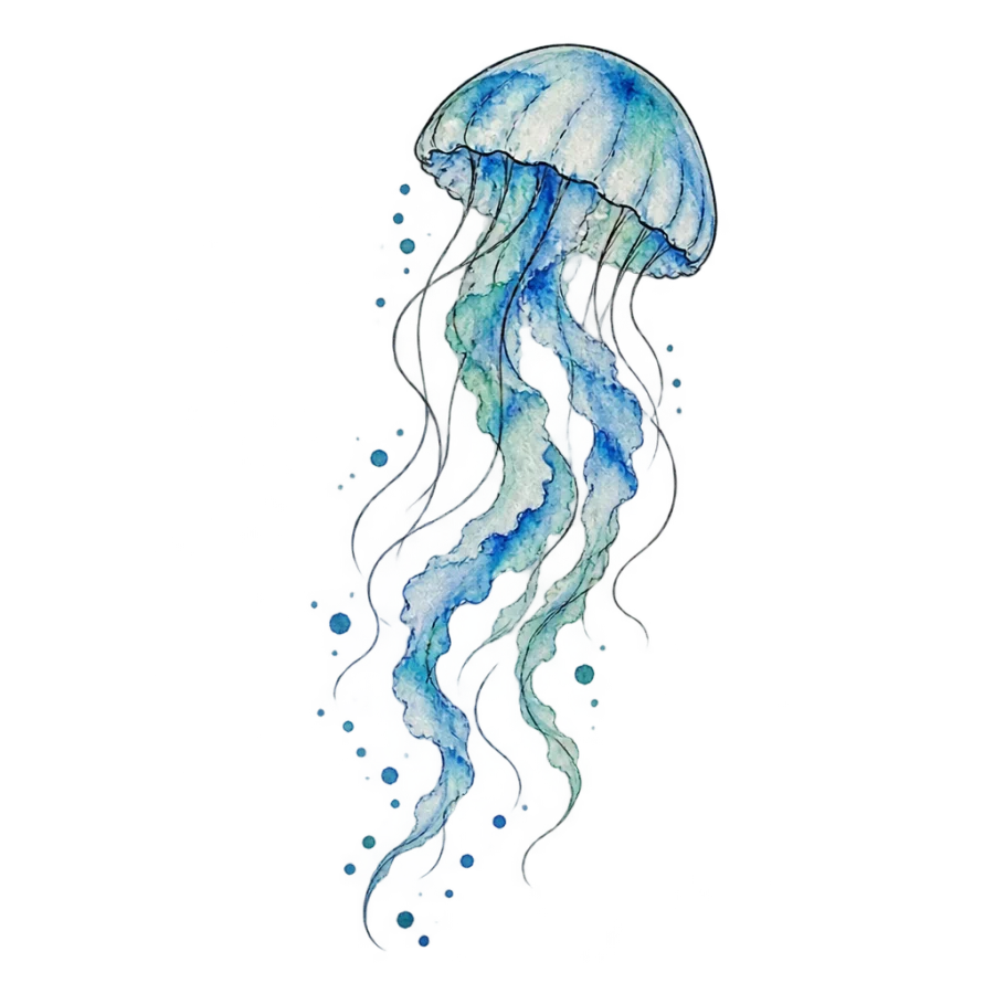 Watercolor jellyfish tattoo rising in loose washes with splatter trails