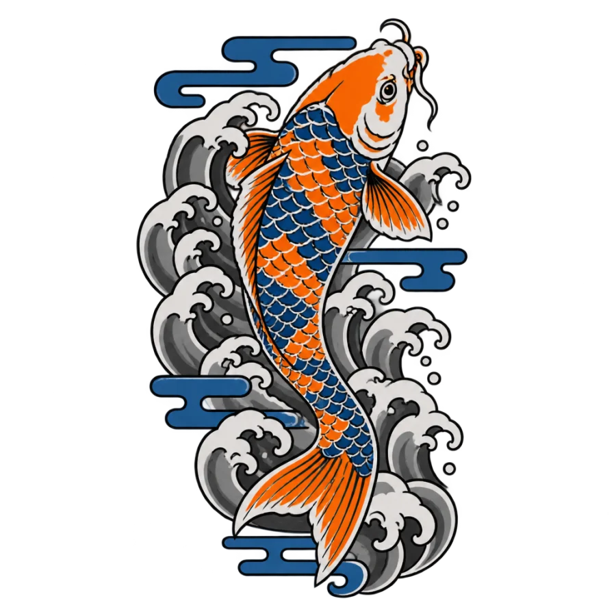Japanese irezumi tattoo design of a koi swimming upstream through waves