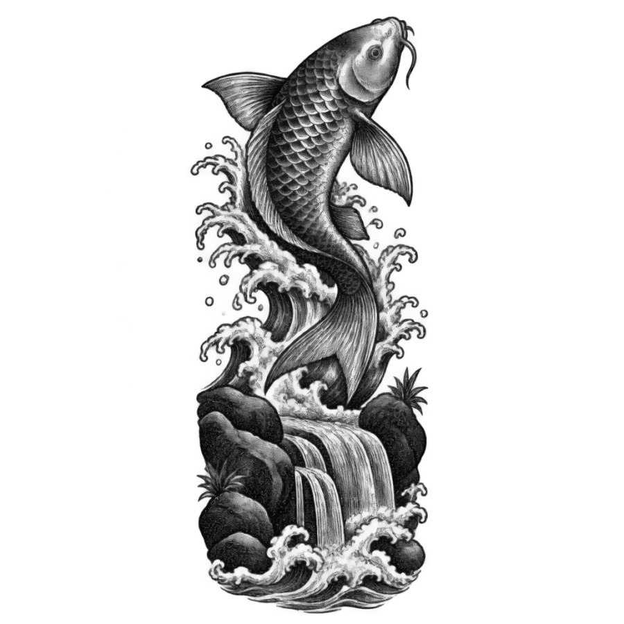 Woodcut style tattoo design of a koi leaping over a waterfall